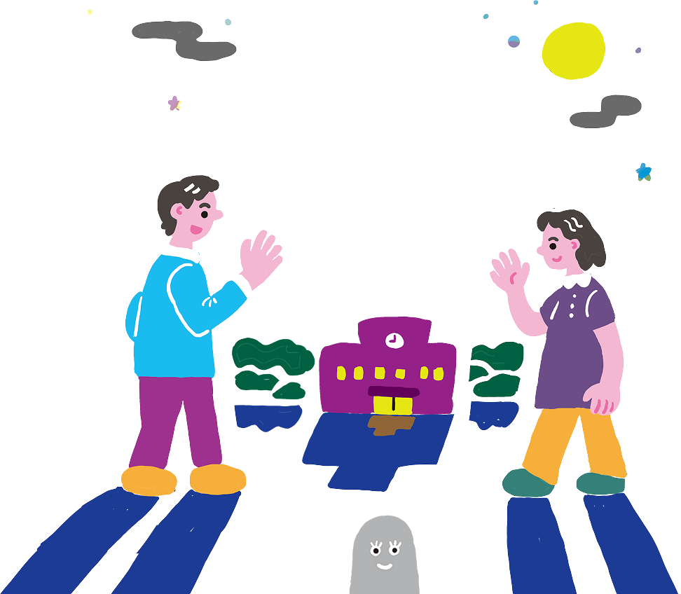 夜の学校を挟んで挨拶をしている人たち