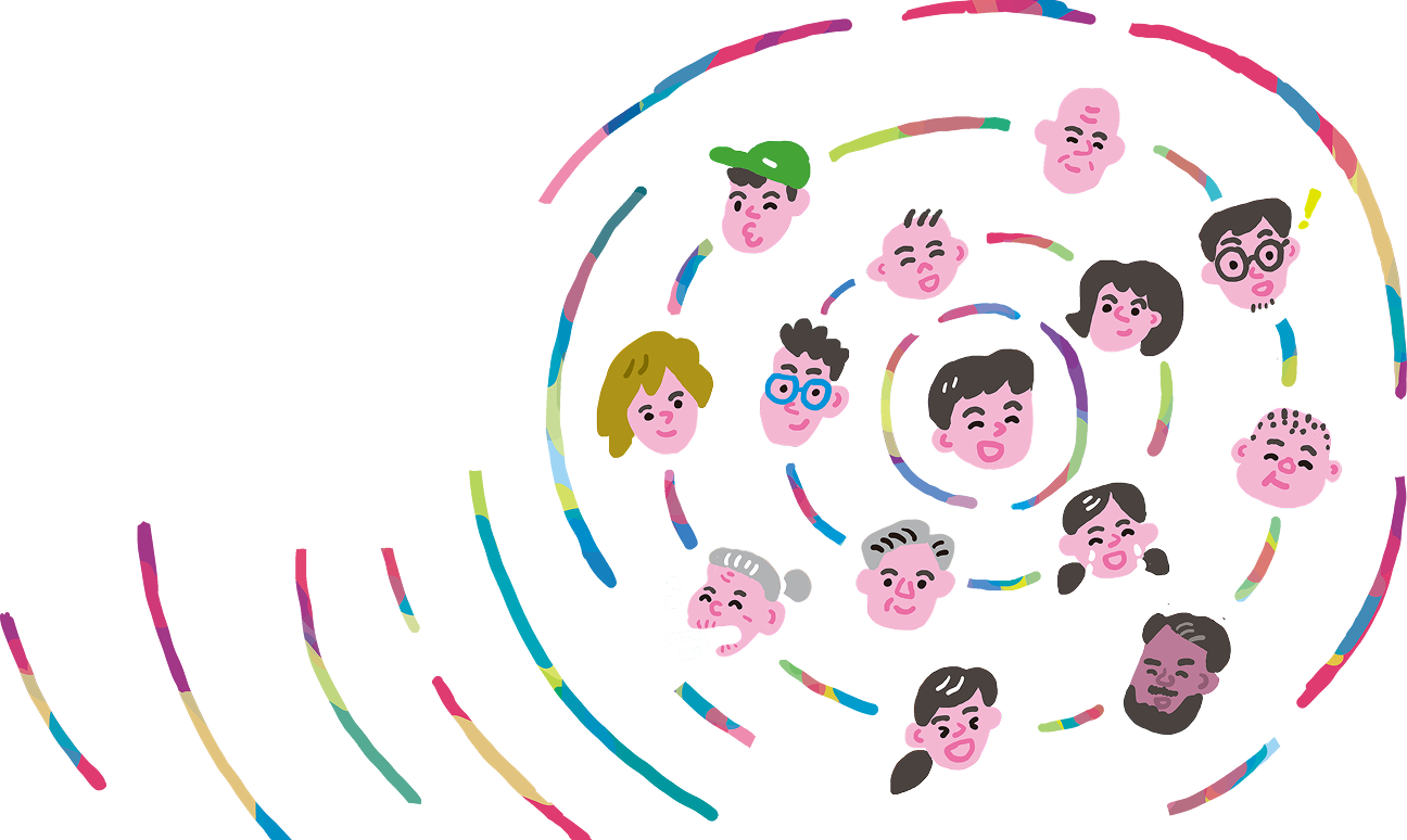 虹色の重なる円の中に、さまざまな年代の楽しそうな人たちの顔が描かれている