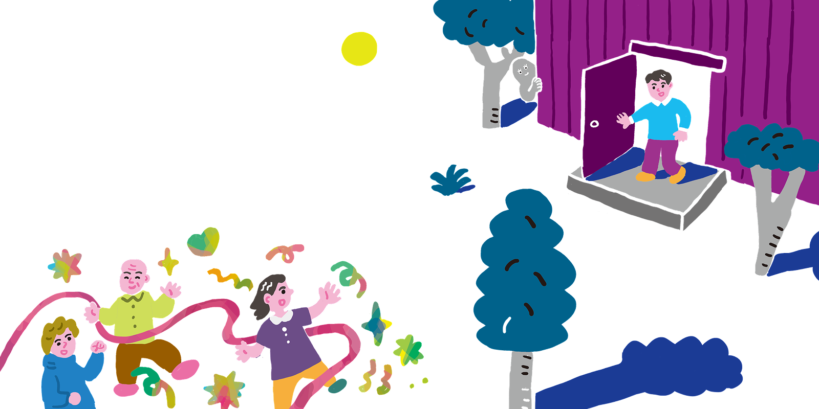 家からでる少年と、家の外で楽しそうにあつまる人々