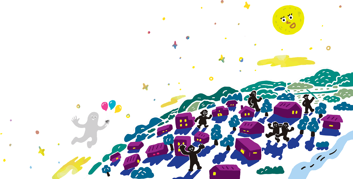 月明かりの中街のあちこちで人々が楽しそうに街の中に口出している